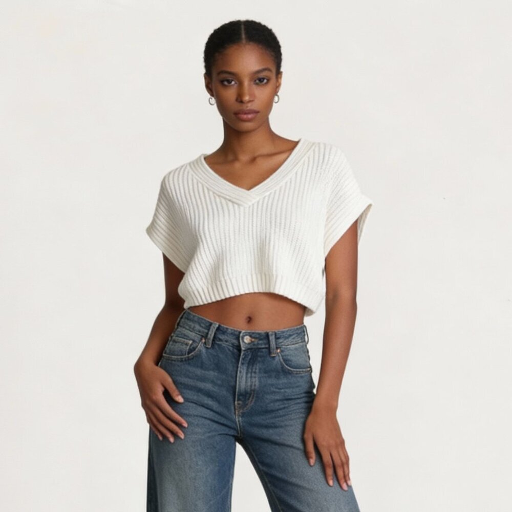 TRUE CRAFT | White Knit Oversized Cropped V-Neck Sleeveless Sweater Sz L